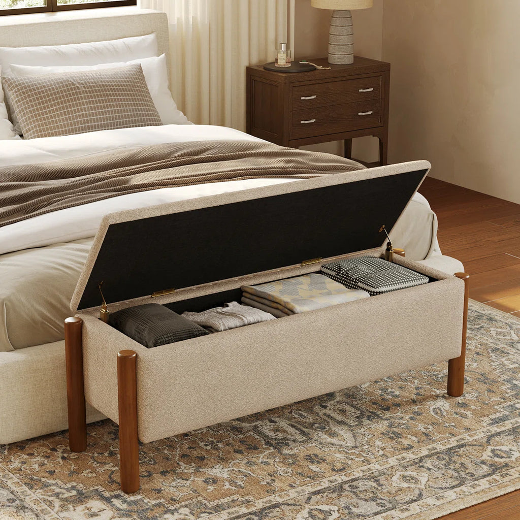 47'' Modern Upholstered Storage Bench With Walnut Wood Legs