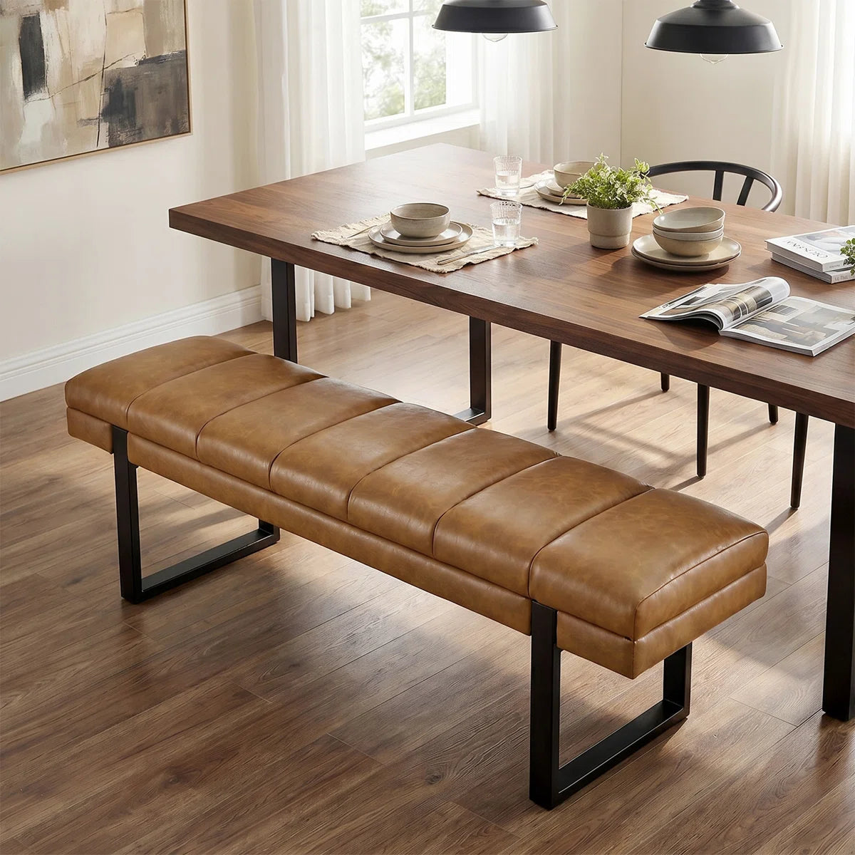 Anahli 52.5'' Wide Channel Tufted Design Vegan Leather Bench