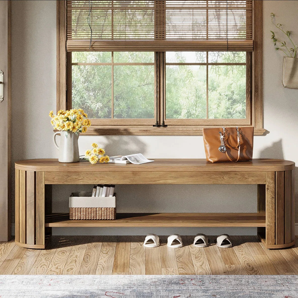 Rustic Wooden Entryway Bench With Storage
