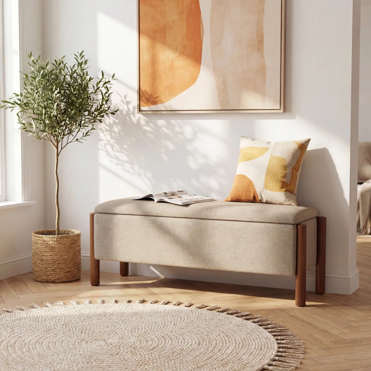 47'' Modern Upholstered Storage Bench With Walnut Wood Legs